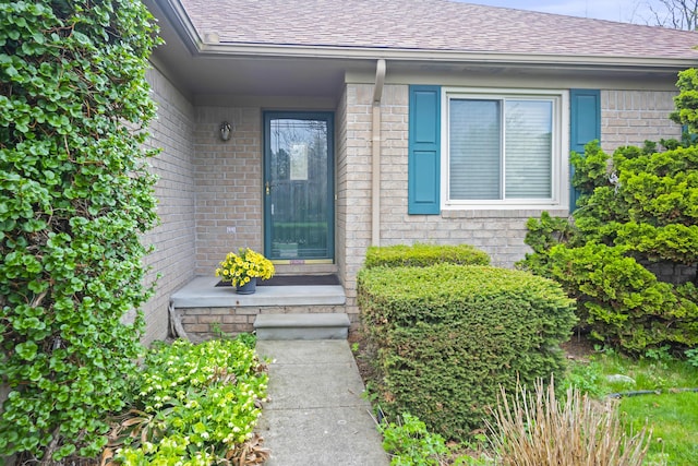 entrance to property featuring roof with shingles and brick siding