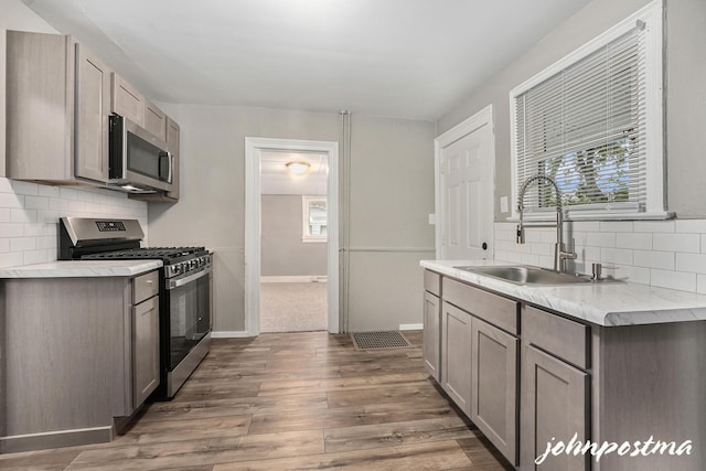 1108/1110 Muskegon Ave NW, Grand Rapids, MI 49504 - kitchen featuring a sink, stainless steel appliances, gray cabinets, wood finished floors, and backsplash