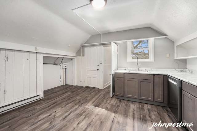 1108/1110 Muskegon Ave NW, Grand Rapids, MI 49504 - interior space with a sink, open shelves, dark wood finished floors, stainless steel dishwasher, and lofted ceiling