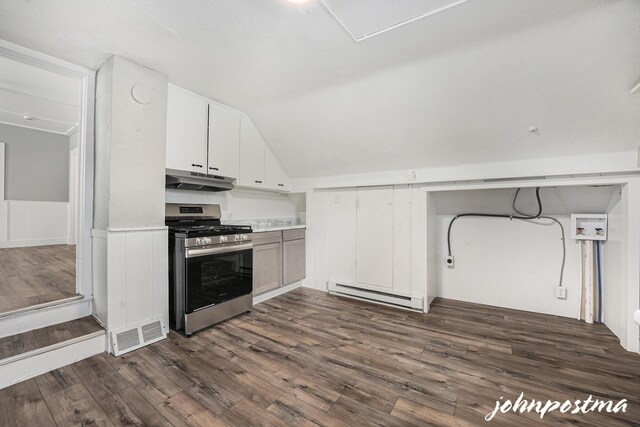1108/1110 Muskegon Ave NW, Grand Rapids, MI 49504 - kitchen featuring visible vents, a baseboard radiator, stainless steel gas stove, and dark wood-style floors