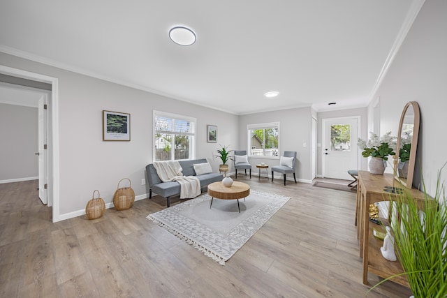 91 S Josephine Ave, Waterford, MI 48328 - living area featuring ornamental molding, baseboards, and light wood-type flooring