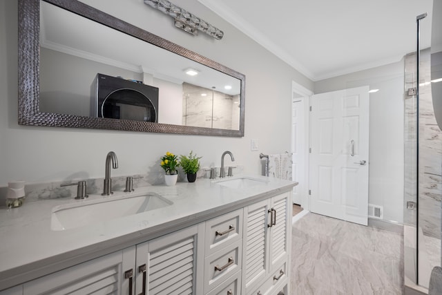 91 S Josephine Ave, Waterford, MI 48328 - full bathroom with crown molding, marble look tile flooring, a stall shower, and double vanity