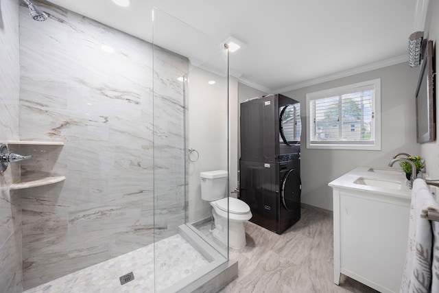 91 S Josephine Ave, Waterford, MI 48328 - full bathroom with estacked washer and dryer, ornamental molding, a marble finish shower, marble finish floors, and toilet