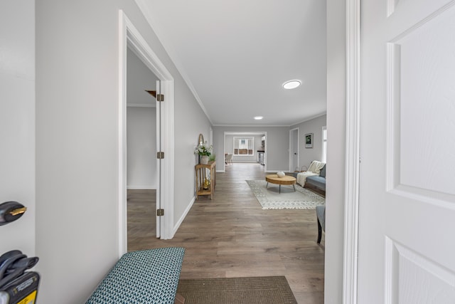 91 S Josephine Ave, Waterford, MI 48328 - hallway featuring ornamental molding, wood finished floors, recessed lighting, and baseboards