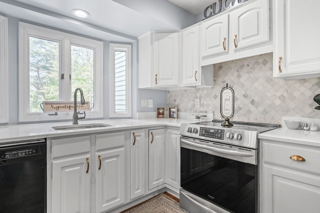 6480 Scenic Pines Ct, Clarkston, MI 48346 - kitchen featuring stainless steel electric stove, dishwasher, a sink, backsplash, and white cabinetry