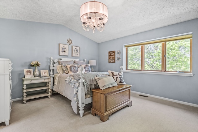 6480 Scenic Pines Ct, Clarkston, MI 48346 - bedroom featuring a chandelier, baseboards, carpet, vaulted ceiling, and a textured ceiling
