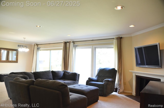 4184 Colorado Ln Unit 117, West Bloomfield, MI 48322 - living area featuring ornamental molding, recessed lighting, carpet flooring, and a chandelier