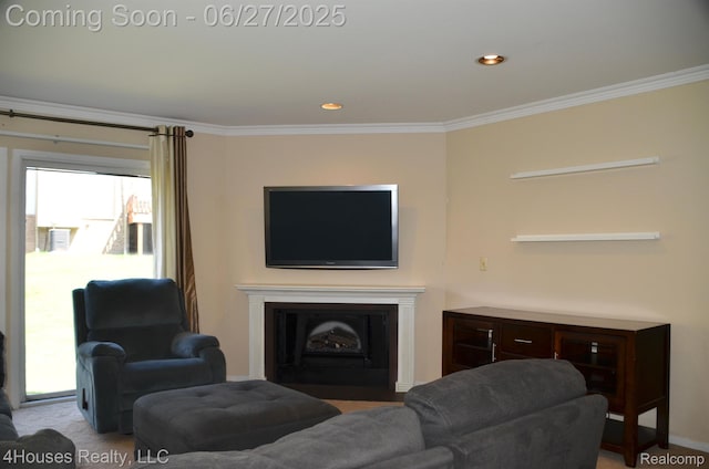4184 Colorado Ln Unit 117, West Bloomfield, MI 48322 - living room with crown molding, recessed lighting, a fireplace with flush hearth, and carpet