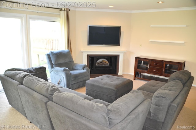 4184 Colorado Ln Unit 117, West Bloomfield, MI 48322 - carpeted living area featuring crown molding, a fireplace, and recessed lighting