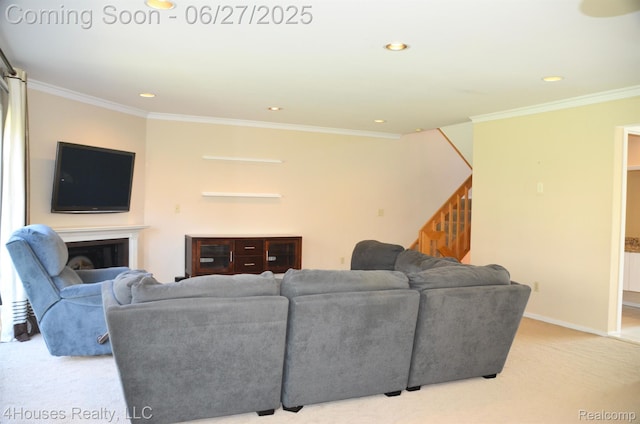 4184 Colorado Ln Unit 117, West Bloomfield, MI 48322 - living room featuring stairs, light carpet, ornamental molding, recessed lighting, and a fireplace