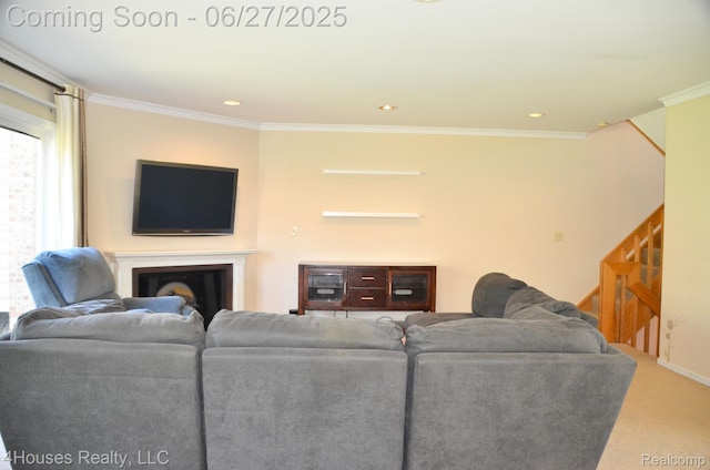 4184 Colorado Ln Unit 117, West Bloomfield, MI 48322 - living room featuring carpet floors, ornamental molding, stairs, a fireplace, and recessed lighting