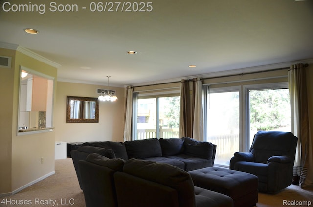 4184 Colorado Ln Unit 117, West Bloomfield, MI 48322 - living area featuring carpet flooring, plenty of natural light, crown molding, recessed lighting, and a chandelier