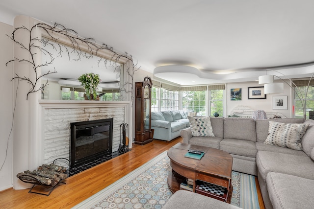 6171 S Main St, Clarkston, MI 48346 - living room featuring wood finished floors and a stone fireplace