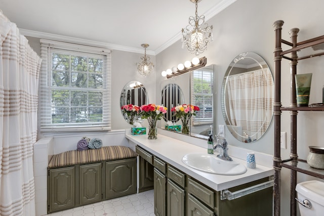 6171 S Main St, Clarkston, MI 48346 - bathroom featuring healthy amount of natural light, ornamental molding, a chandelier, vanity, and toilet