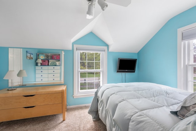 6171 S Main St, Clarkston, MI 48346 - bedroom with vaulted ceiling, carpet flooring, ceiling fan, and baseboards