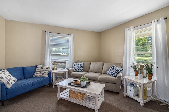 carpeted living area with cooling unit