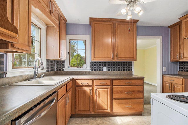 kitchen with a sink, brown cabinetry, dishwasher, ceiling fan, and backsplash