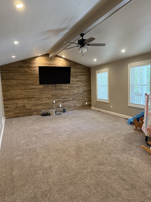 4212 4th St, Brown City, MI 48416 - interior space featuring a ceiling fan, recessed lighting, carpet flooring, wood walls, and lofted ceiling with beams