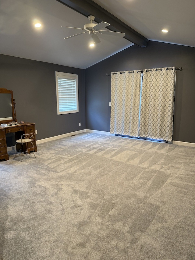 4212 4th St, Brown City, MI 48416 - unfurnished living room with a ceiling fan, lofted ceiling with beams, carpet, and baseboards