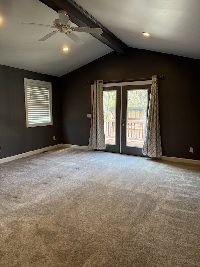 4212 4th St, Brown City, MI 48416 - carpeted spare room with a ceiling fan, french doors, recessed lighting, baseboards, and lofted ceiling with beams