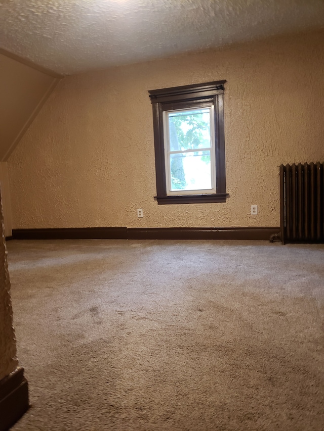 additional living space with a textured ceiling, radiator, carpet flooring, and a textured wall