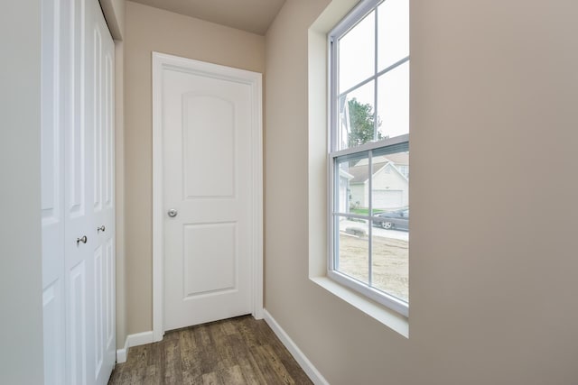 doorway to outside featuring baseboards, a wealth of natural light, and dark wood-style floors