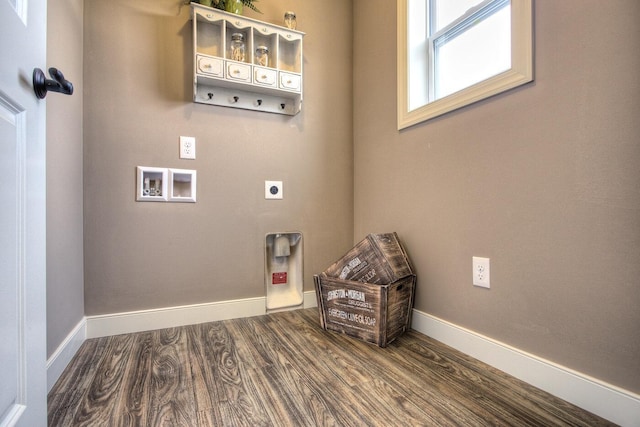 washroom with baseboards, dark wood-style flooring, hookup for an electric dryer, and laundry area