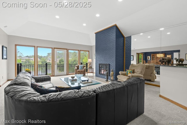 4395 Hickory Ct, Orchard Lake, MI 48323 - living room featuring light colored carpet, a fireplace, plenty of natural light, baseboards, and recessed lighting
