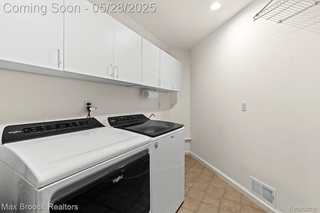 4395 Hickory Ct, Orchard Lake, MI 48323 - laundry room with cabinet space, washing machine and clothes dryer, baseboards, light tile patterned flooring, and recessed lighting