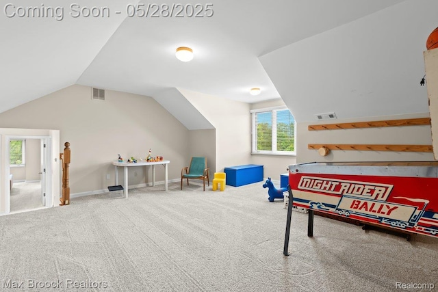 4395 Hickory Ct, Orchard Lake, MI 48323 - game room featuring carpet flooring, lofted ceiling, and baseboards