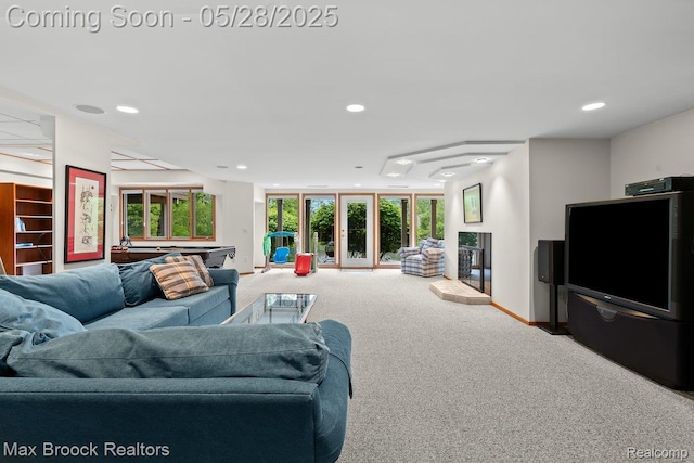 4395 Hickory Ct, Orchard Lake, MI 48323 - living area featuring carpet floors, recessed lighting, billiards, healthy amount of natural light, and a fireplace with raised hearth