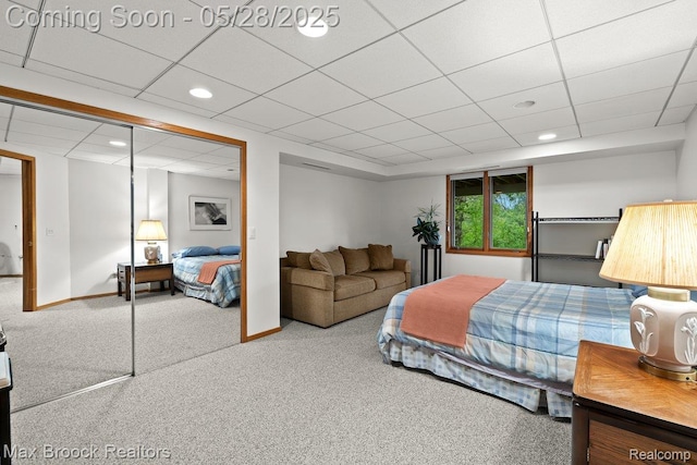4395 Hickory Ct, Orchard Lake, MI 48323 - bedroom featuring carpet floors, recessed lighting, a paneled ceiling, baseboards, and a closet