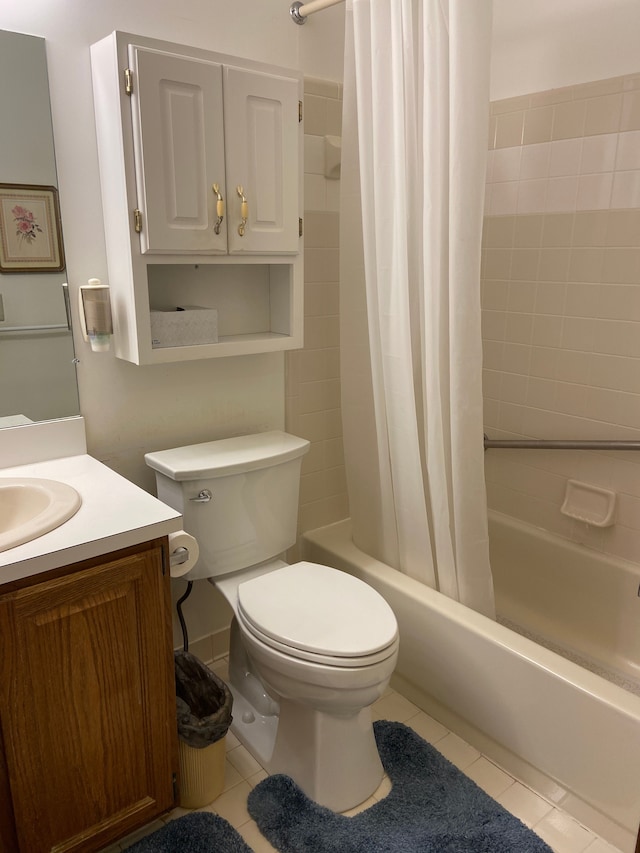 bathroom with tile patterned flooring, shower / tub combo with curtain, toilet, and vanity