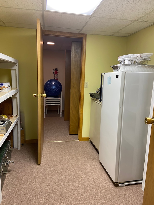 laundry area featuring light colored carpet and baseboards
