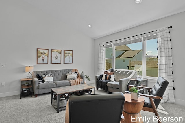 carpeted living area with baseboards, lofted ceiling, and recessed lighting