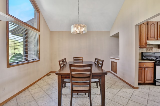 53201 Maranatha Ln, Wixom, MI 48393 - dining room featuring lofted ceiling, plenty of natural light, a chandelier, light tile patterned flooring, and baseboards