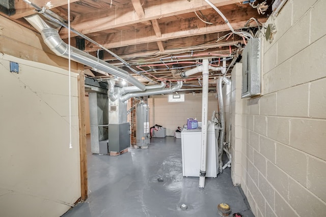 basement with water heater and heating unit