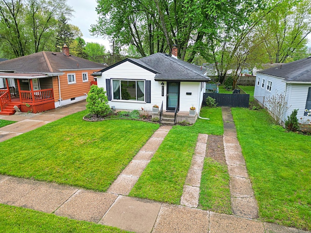 bungalow-style home featuring a porch, roof with shingles, and a chimney