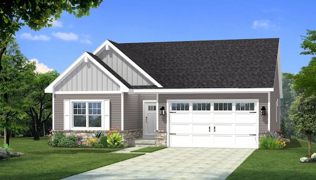 view of front of house with board and batten siding, a garage, concrete driveway, a front yard, and roof with shingles