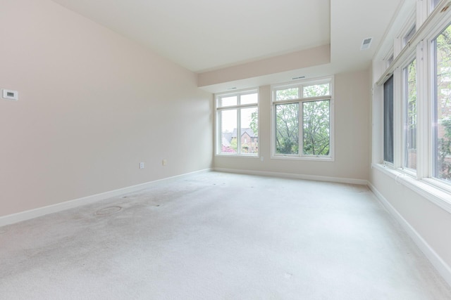 spare room featuring a wealth of natural light, light carpet, and visible vents