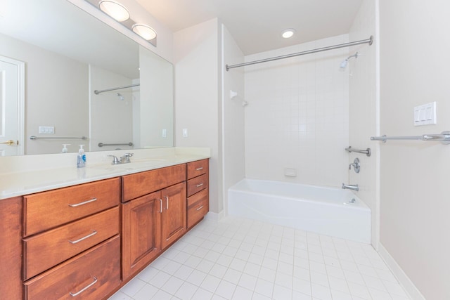 full bathroom featuring baseboards, shower / bath combination, tile patterned floors, and vanity
