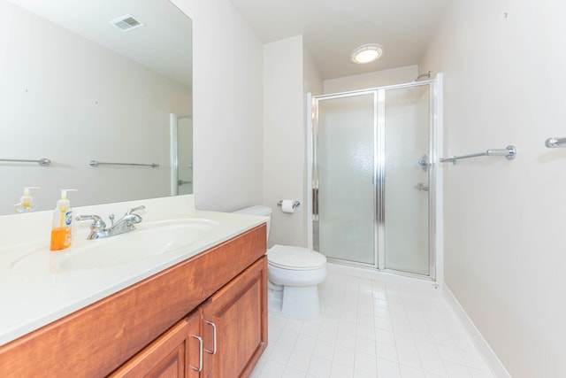 bathroom featuring a stall shower, tile patterned flooring, visible vents, and vanity