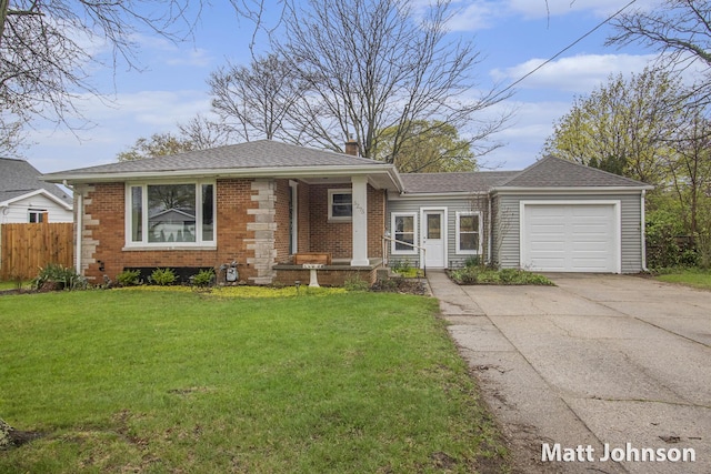 ranch-style home with fence, an attached garage, brick siding, concrete driveway, and a chimney