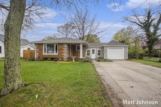 view of front of house featuring a chimney, fence, an attached garage, concrete driveway, and a front lawn