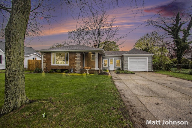 ranch-style home featuring fence, a garage, a chimney, and concrete driveway