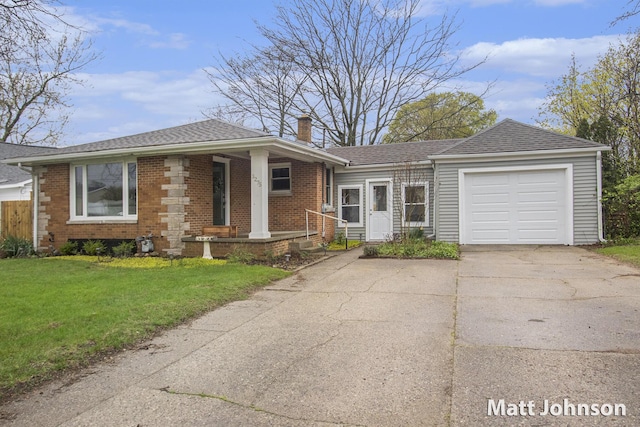 ranch-style home with concrete driveway, brick siding, a chimney, and an attached garage
