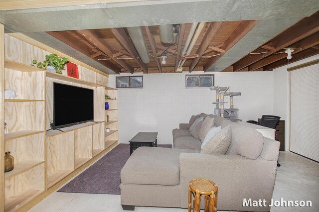living room featuring concrete block wall