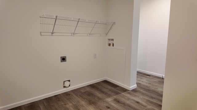clothes washing area featuring electric dryer hookup, laundry area, hookup for a washing machine, dark wood finished floors, and baseboards