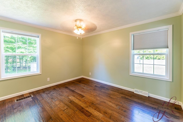 9379 Cook St, Montague, MI 49437 - spare room featuring dark wood finished floors, ornamental molding, baseboards, a textured ceiling, and ceiling fan