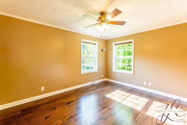 9379 Cook St, Montague, MI 49437 - unfurnished room featuring wood-type flooring, ornamental molding, baseboards, a ceiling fan, and a textured ceiling